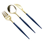 24 - Pack Plastic Flatware Set in Metallic Gold with Royal Blue Handle - Heavy Duty Disposable Modern Silverware 8" - Bell Racket Store