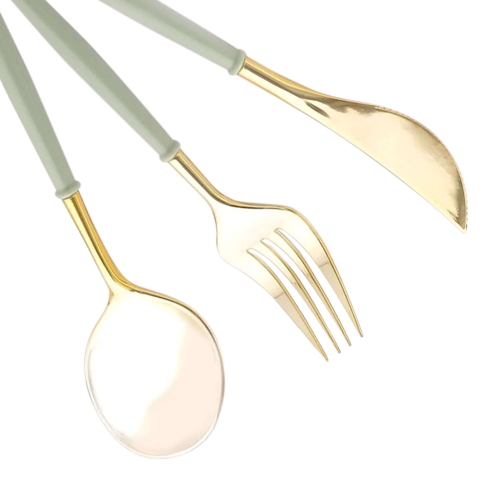 24 - Pack Plastic Flatware Set in Metallic Gold with Sage Green Handle - Heavy Duty Disposable Modern Silverware 8" - Bell Racket Store