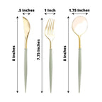 24 - Pack Plastic Flatware Set in Metallic Gold with Sage Green Handle - Heavy Duty Disposable Modern Silverware 8" - Bell Racket Store