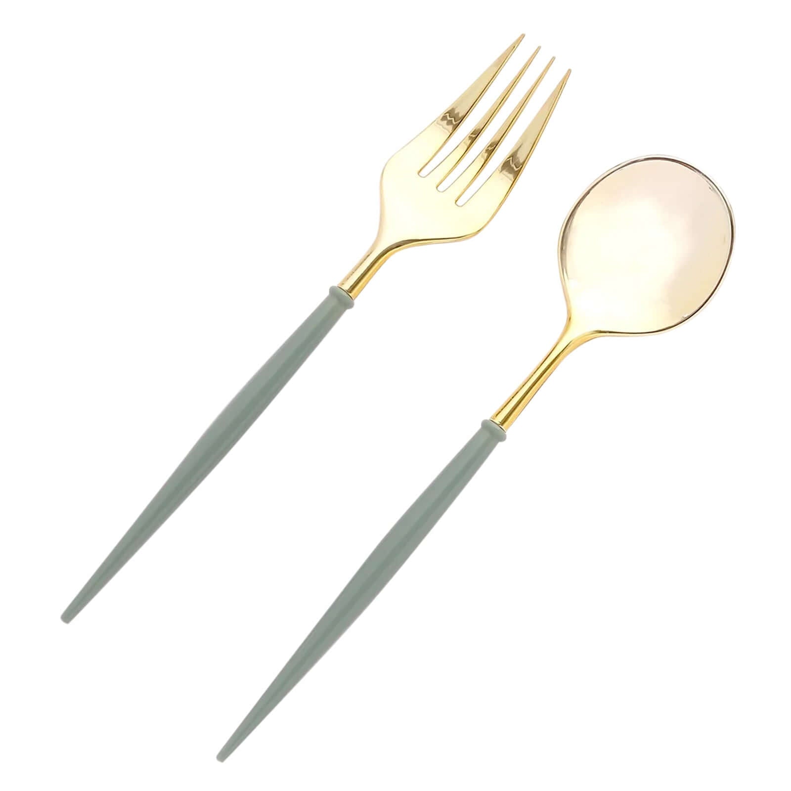 24 - Pack Plastic Fork and Spoon Set Metallic Gold/Dusty Sage Green - Heavy Duty Disposable Modern Utensils 6" - Bell Racket Store