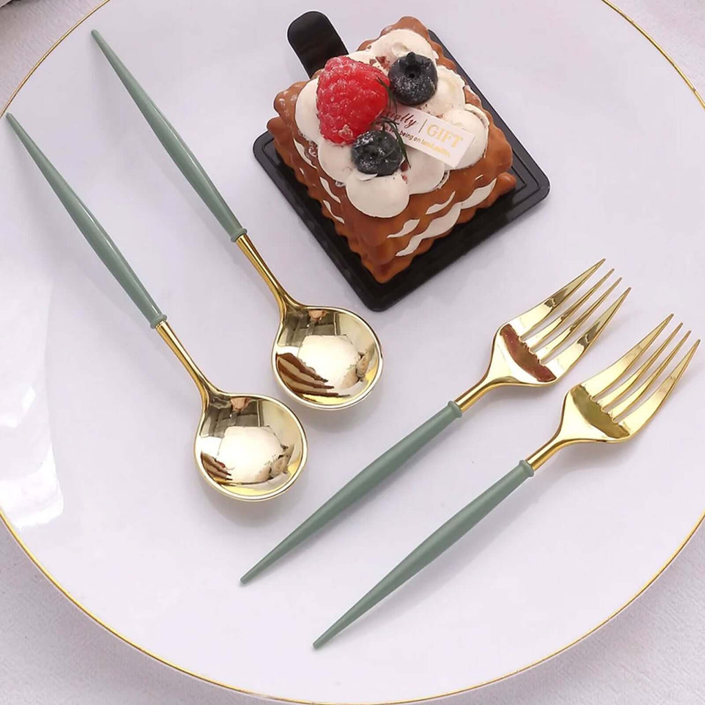 24 - Pack Plastic Fork and Spoon Set Metallic Gold/Dusty Sage Green - Heavy Duty Disposable Modern Utensils 6" - Bell Racket Store