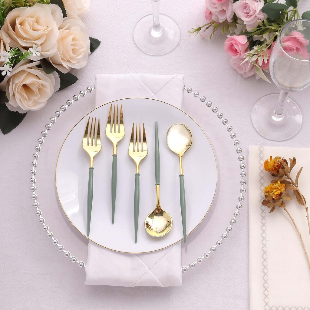 24 - Pack Plastic Fork and Spoon Set Metallic Gold/Dusty Sage Green - Heavy Duty Disposable Modern Utensils 6" - Bell Racket Store