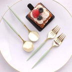 24 - Pack Plastic Fork and Spoon Set Metallic Gold/Sage Green - Heavy Duty Disposable Modern Utensils 6" - Bell Racket Store