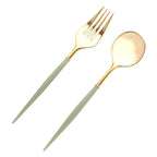 24 - Pack Plastic Fork and Spoon Set Metallic Gold/Sage Green - Heavy Duty Disposable Modern Utensils 6" - Bell Racket Store