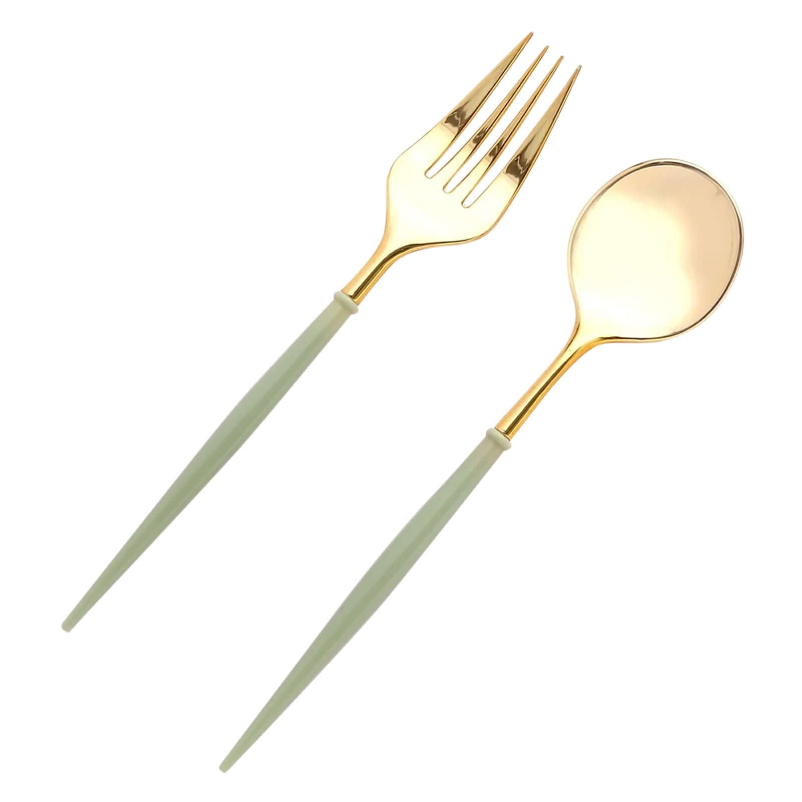 24 - Pack Plastic Fork and Spoon Set Metallic Gold/Sage Green - Heavy Duty Disposable Modern Utensils 6" - Bell Racket Store