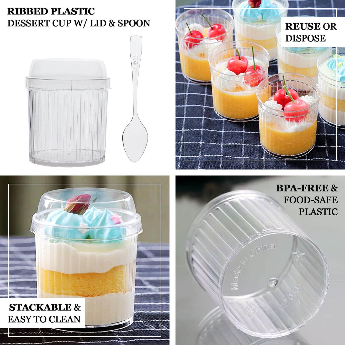 24 - Pack Plastic Fruit Dessert Cups Ribbed Clear with Lid and Spoon - Ideal for Parfaits 5oz - Bell Racket Store