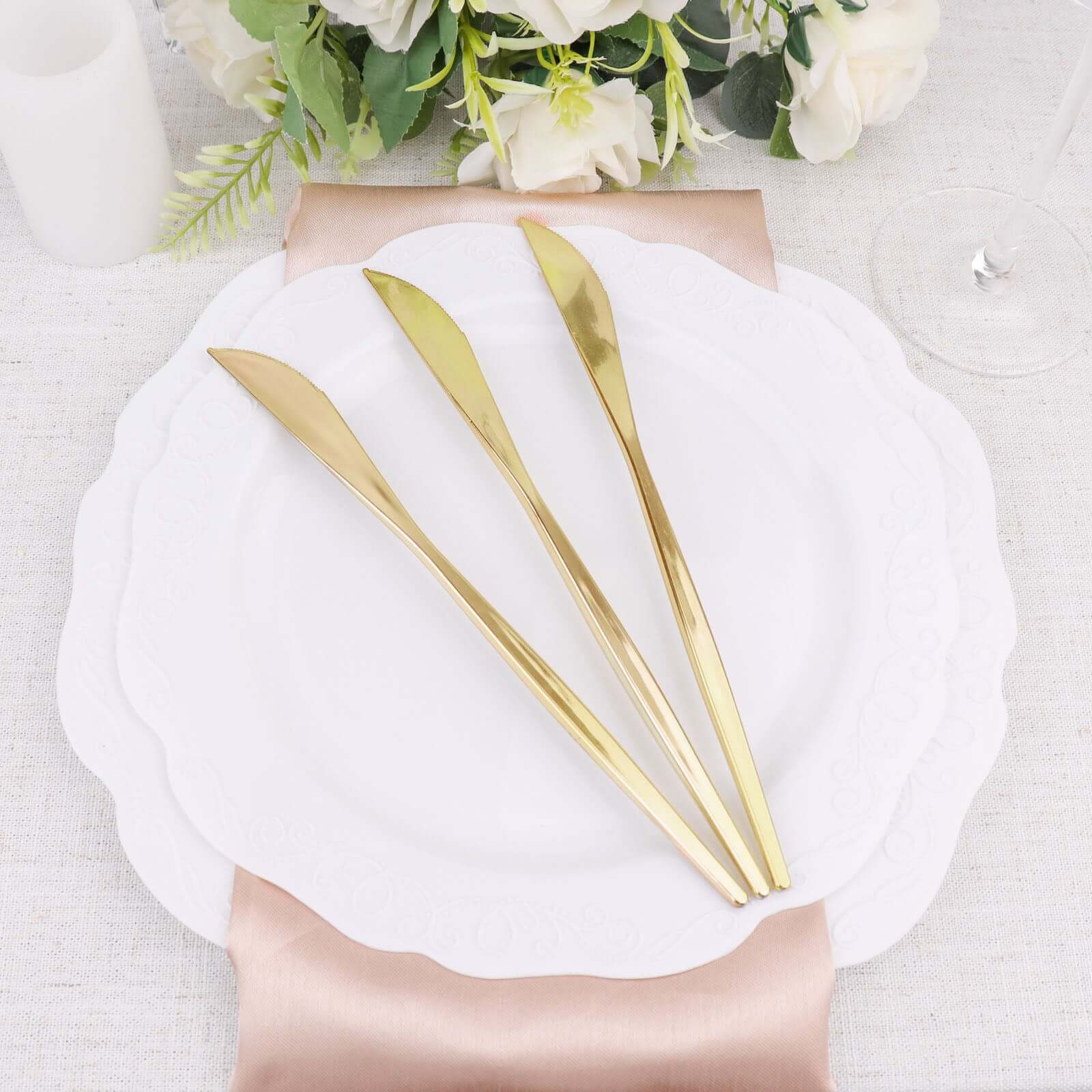 24 - Pack Plastic Knives Glossy Gold - Premium Heavy Duty Disposable Flatware Cutlery 8" - Bell Racket Store