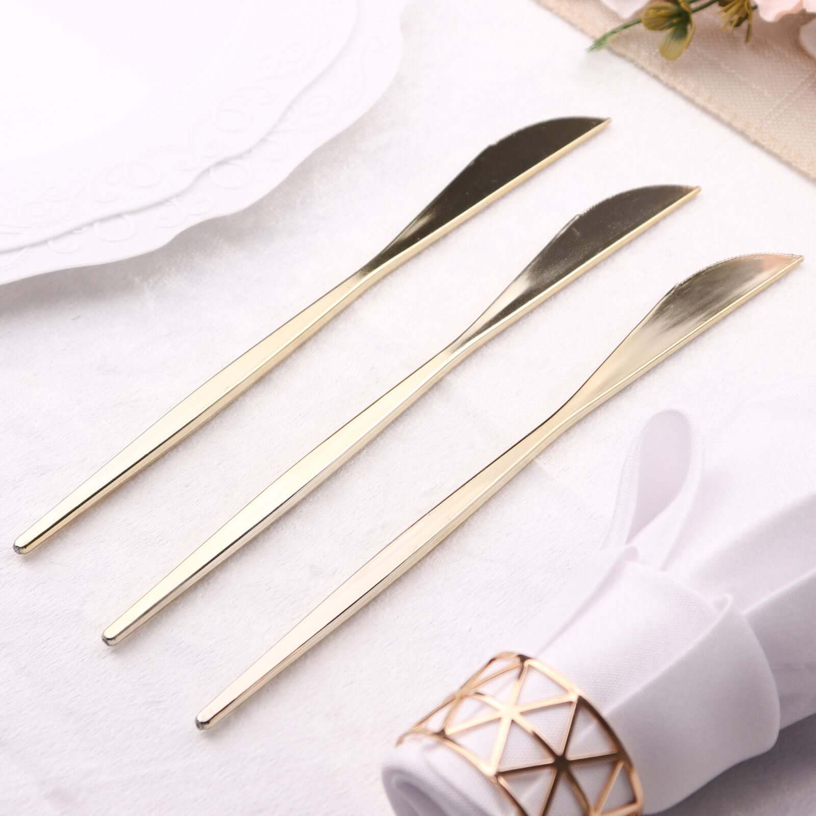 24 - Pack Plastic Knives Glossy Gold - Premium Heavy Duty Disposable Flatware Cutlery 8" - Bell Racket Store