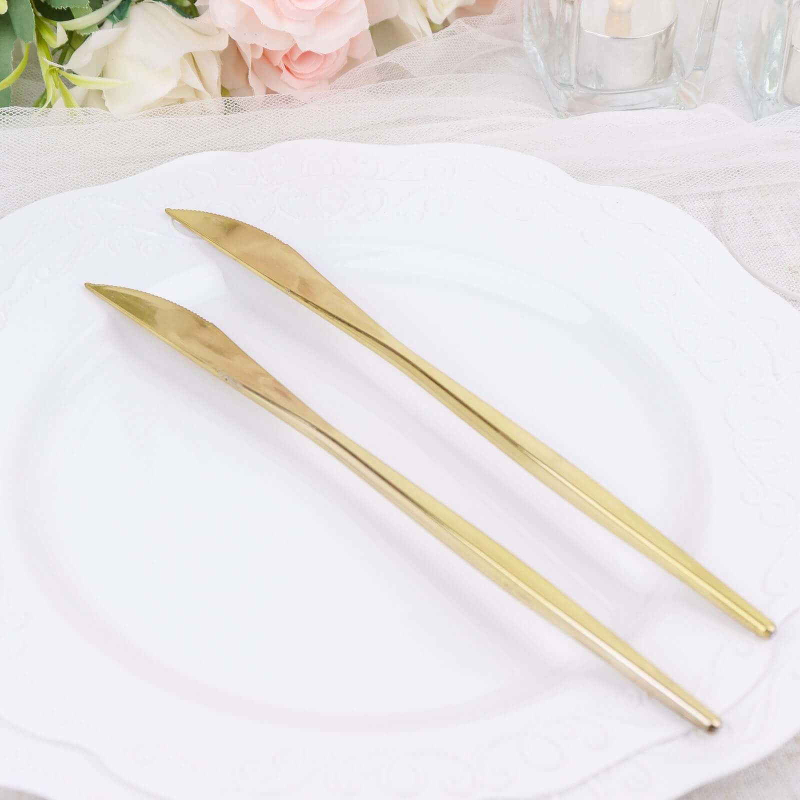 24 - Pack Plastic Knives Glossy Gold - Premium Heavy Duty Disposable Flatware Cutlery 8" - Bell Racket Store