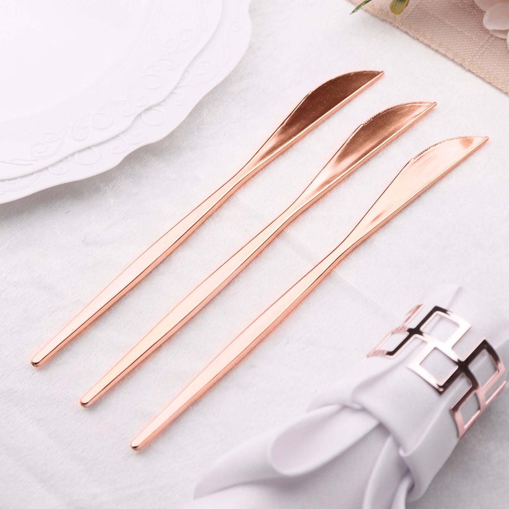 24 - Pack Plastic Knives Glossy Rose Gold - Premium Heavy Duty Disposable Flatware Cutlery 8" - Bell Racket Store