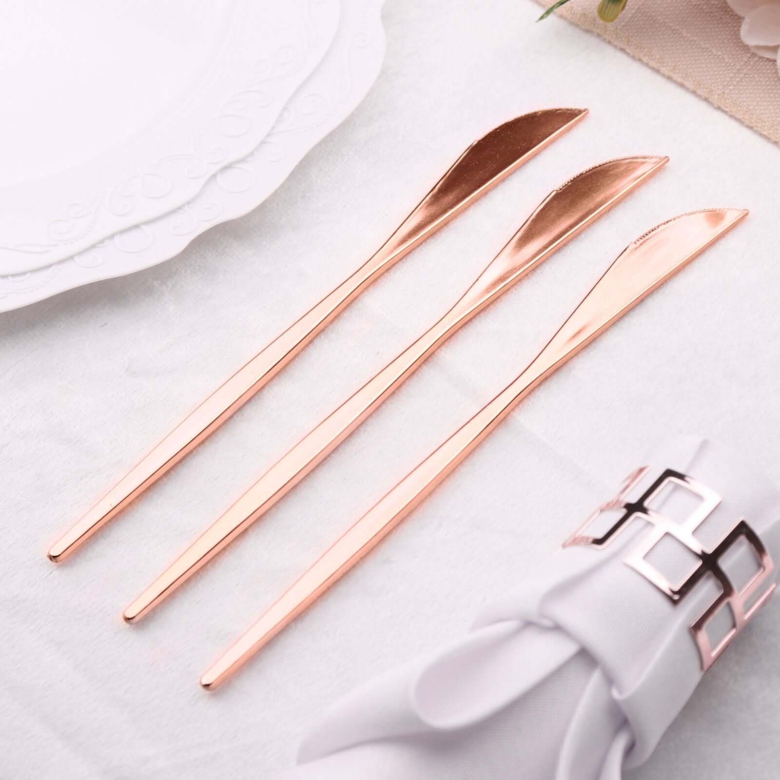 24 - Pack Plastic Knives Glossy Rose Gold - Premium Heavy Duty Disposable Flatware Cutlery 8" - Bell Racket Store