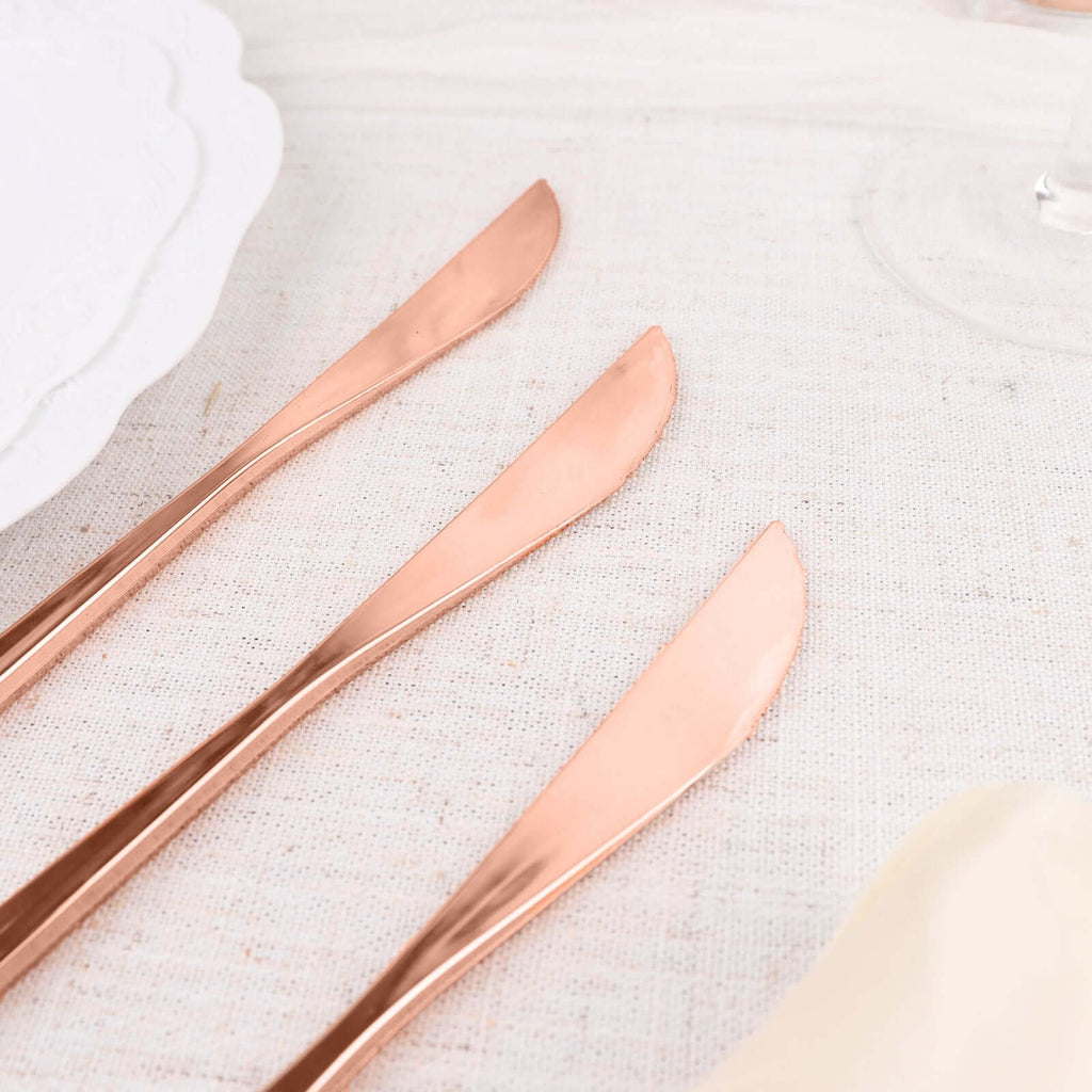 24 - Pack Plastic Knives Glossy Rose Gold - Premium Heavy Duty Disposable Flatware Cutlery 8" - Bell Racket Store