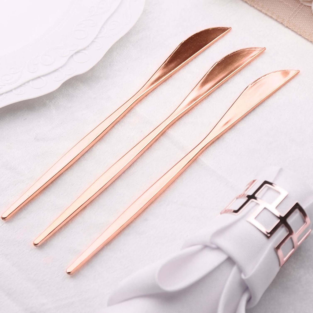 24 - Pack Plastic Knives Glossy Rose Gold - Premium Heavy Duty Disposable Flatware Cutlery 8" - Bell Racket Store