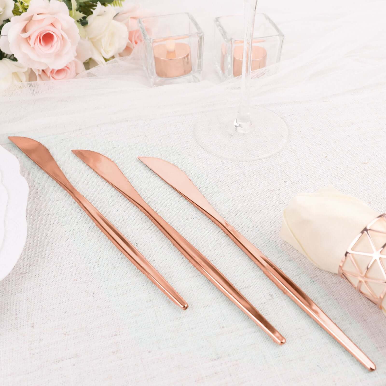 24 - Pack Plastic Knives Glossy Rose Gold - Premium Heavy Duty Disposable Flatware Cutlery 8" - Bell Racket Store