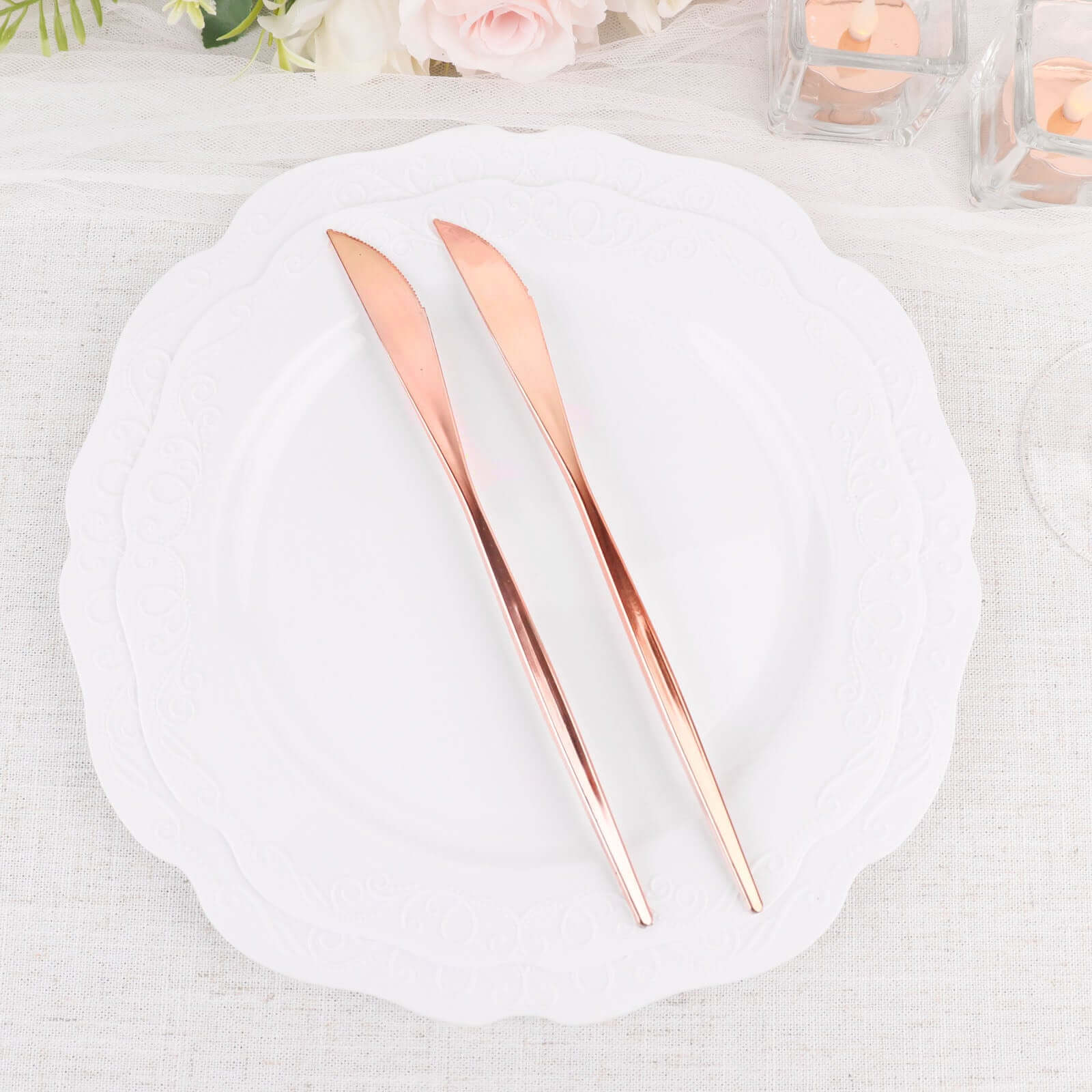 24 - Pack Plastic Knives Glossy Rose Gold - Premium Heavy Duty Disposable Flatware Cutlery 8" - Bell Racket Store