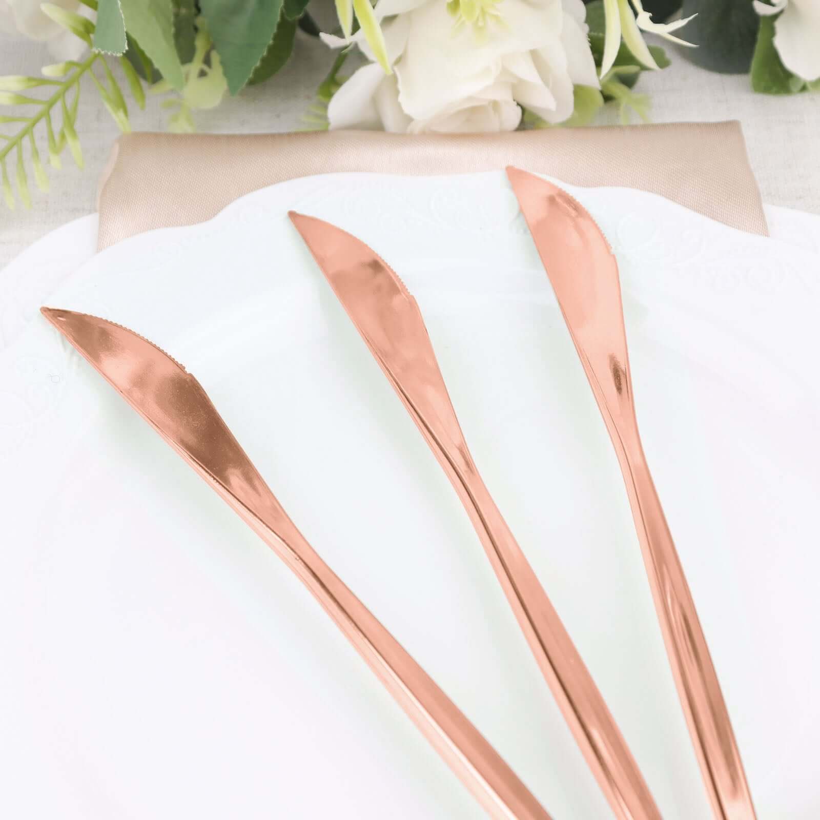 24 - Pack Plastic Knives Glossy Rose Gold - Premium Heavy Duty Disposable Flatware Cutlery 8" - Bell Racket Store
