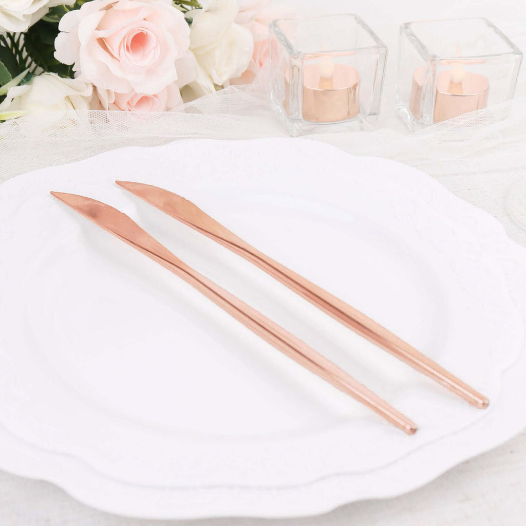 24 - Pack Plastic Knives Glossy Rose Gold - Premium Heavy Duty Disposable Flatware Cutlery 8" - Bell Racket Store