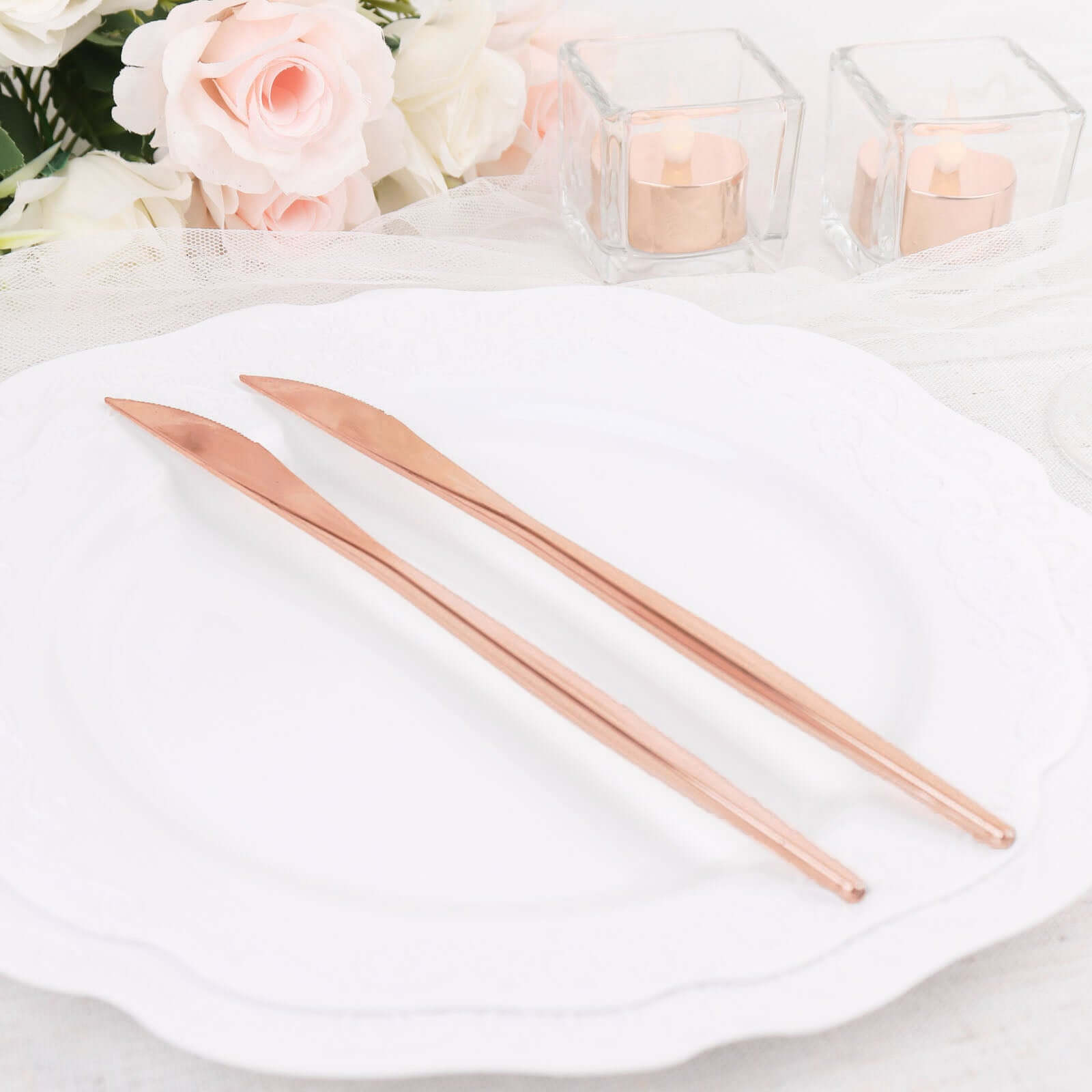 24 - Pack Plastic Knives Glossy Rose Gold - Premium Heavy Duty Disposable Flatware Cutlery 8" - Bell Racket Store