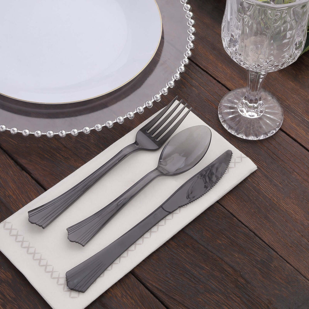 24 - Pack Plastic Silverware Set with Fan Flared Tip Handle Transparent Black - Heavy Duty Disposable Utensils 7" - Bell Racket Store