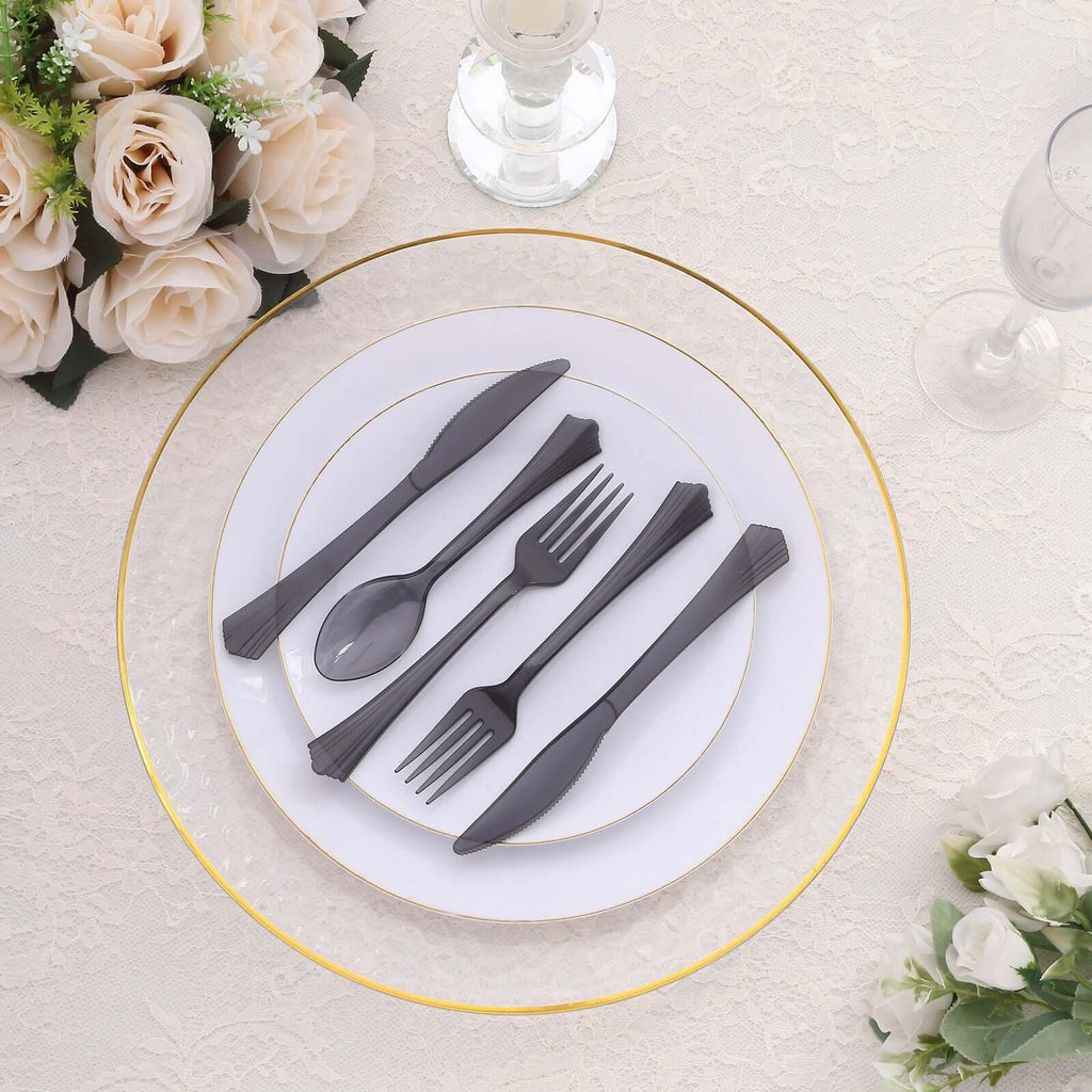 24 - Pack Plastic Silverware Set with Fan Flared Tip Handle Transparent Black - Heavy Duty Disposable Utensils 7" - Bell Racket Store