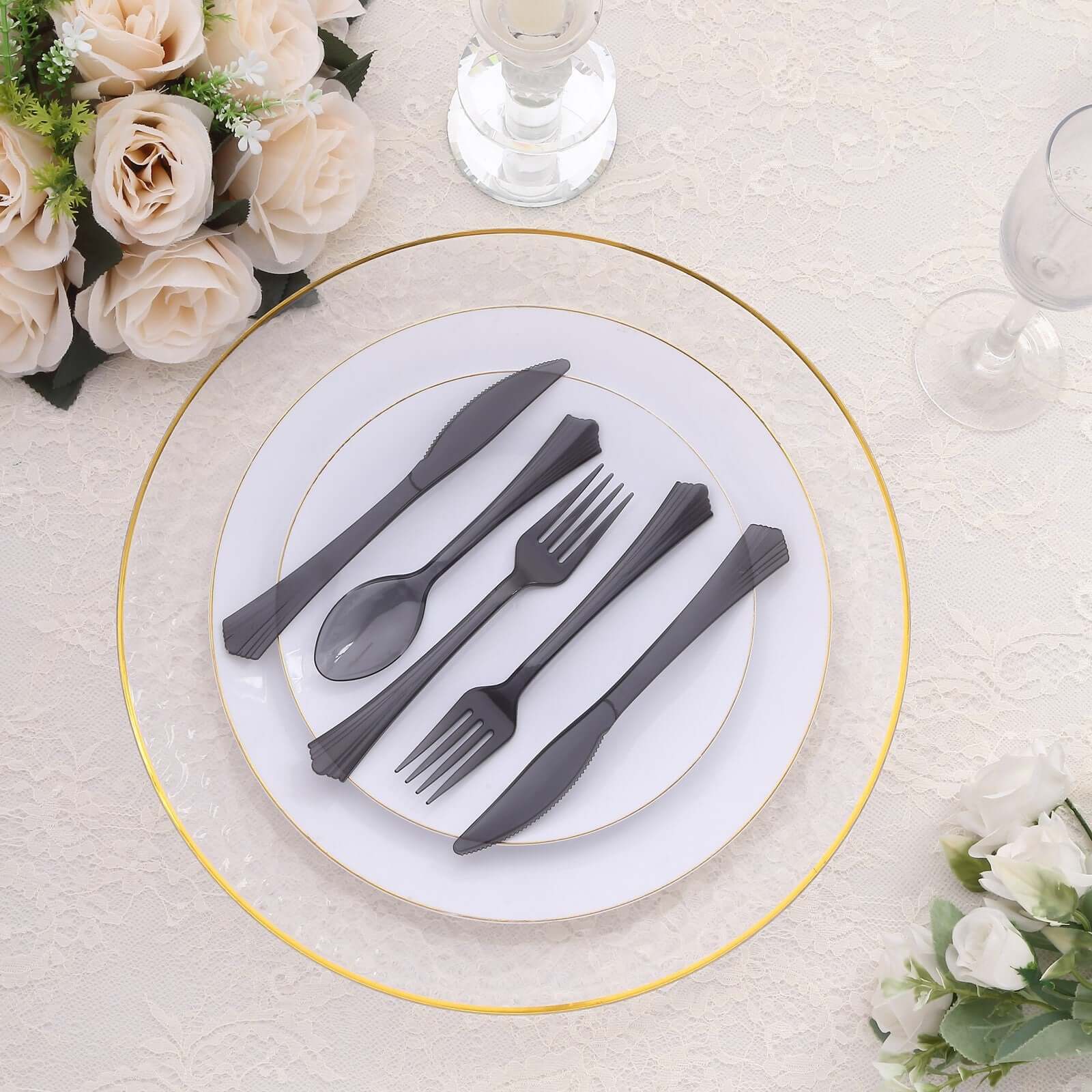 24 - Pack Plastic Silverware Set with Fan Flared Tip Handle Transparent Black - Heavy Duty Disposable Utensils 7" - Bell Racket Store