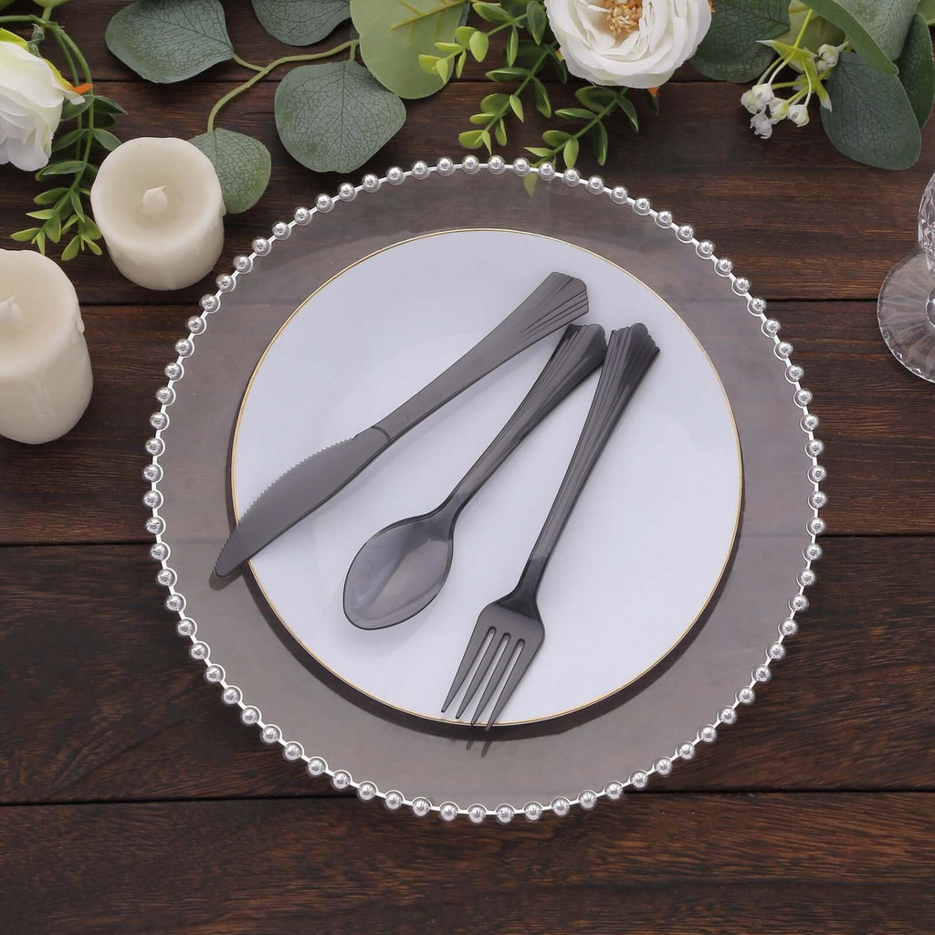 24 - Pack Plastic Silverware Set with Fan Flared Tip Handle Transparent Black - Heavy Duty Disposable Utensils 7" - Bell Racket Store