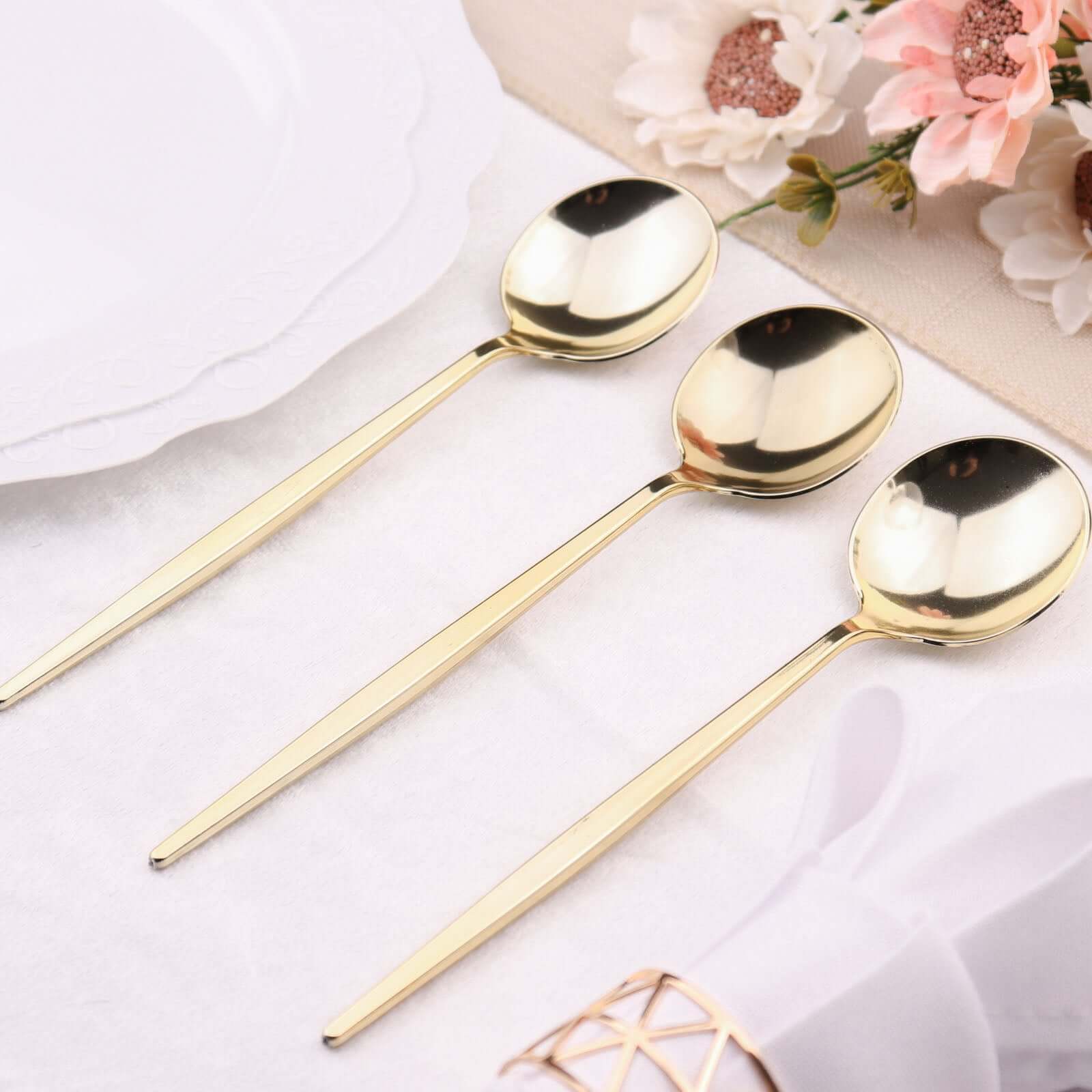 24 - Pack Plastic Spoons Glossy Gold - Premium Heavy Duty Disposable Silverware 8" - Bell Racket Store