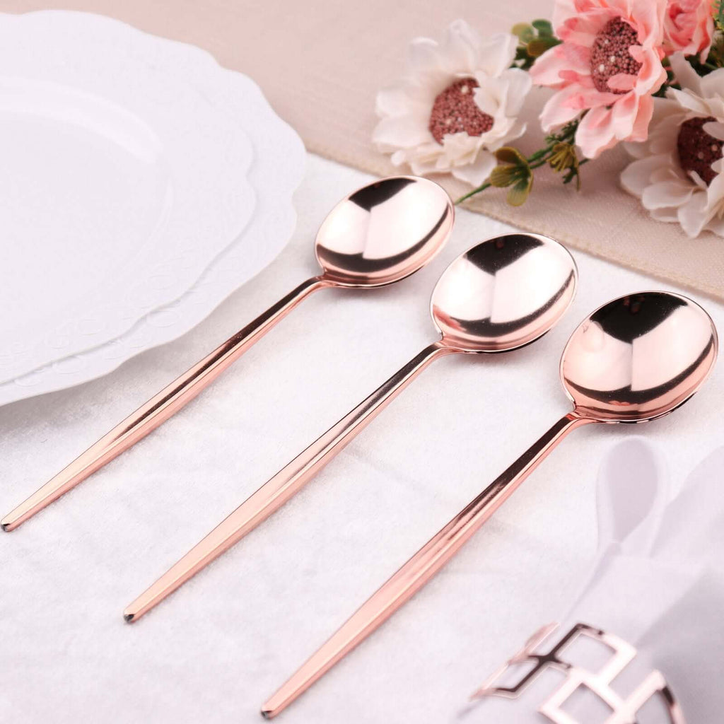 24 - Pack Plastic Spoons Glossy Rose Gold - Premium Heavy Duty Disposable Silverware 8" - Bell Racket Store