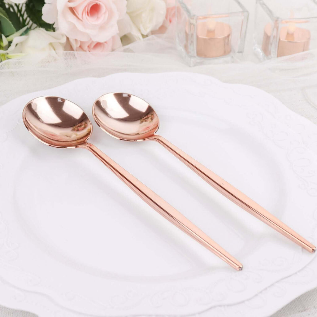 24 - Pack Plastic Spoons Glossy Rose Gold - Premium Heavy Duty Disposable Silverware 8" - Bell Racket Store