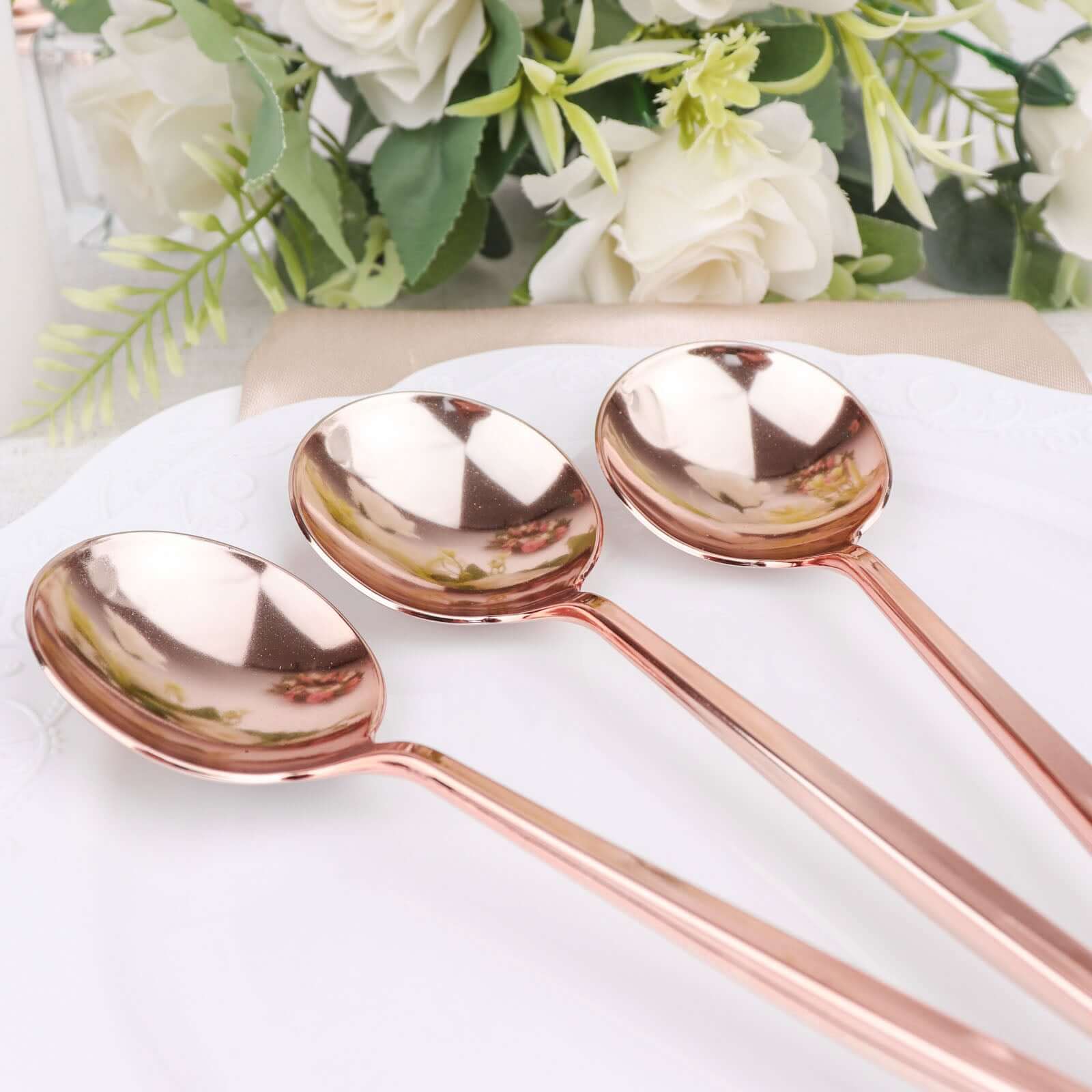 24 - Pack Plastic Spoons Glossy Rose Gold - Premium Heavy Duty Disposable Silverware 8" - Bell Racket Store