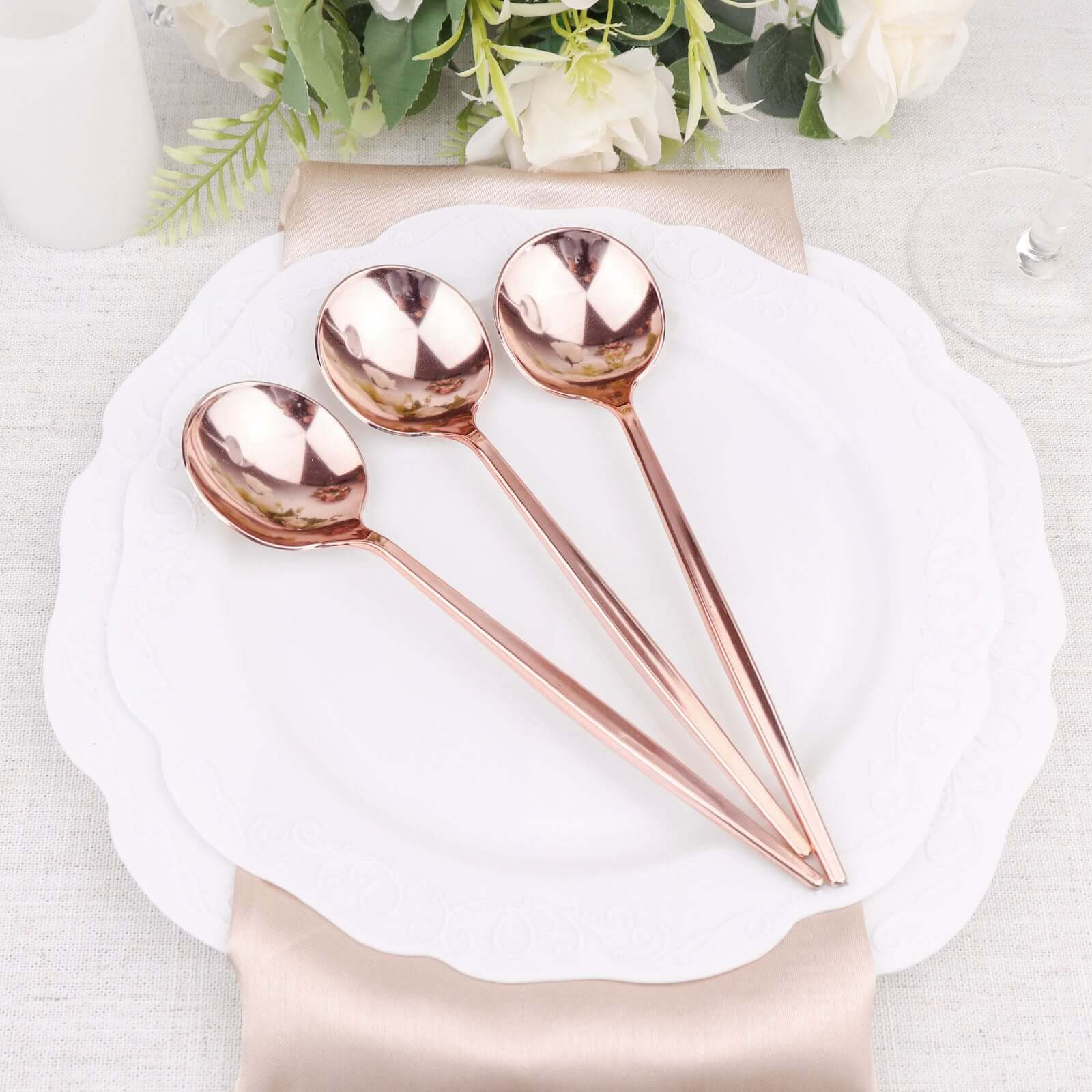 24 - Pack Plastic Spoons Glossy Rose Gold - Premium Heavy Duty Disposable Silverware 8" - Bell Racket Store