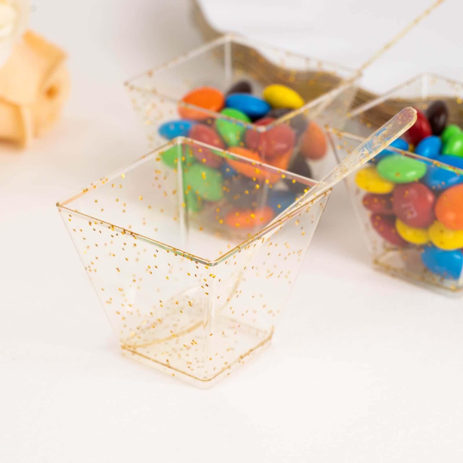 24 - Pack Plastic Square Dessert Cups Clear with Gold Glitters - Disposable Snack Serving Bowls and Spoon Set for Parties, Events & Banquets 2oz - Bell Racket Store