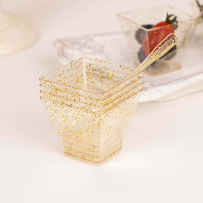 24 - Pack Plastic Square Dessert Cups Clear with Gold Glitters - Disposable Snack Serving Bowls and Spoon Set for Parties, Events & Banquets 2oz - Bell Racket Store