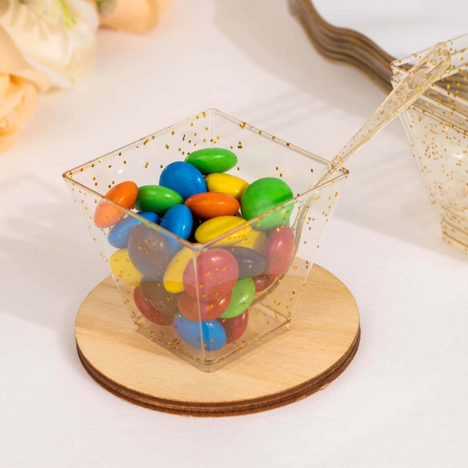 24 - Pack Plastic Square Dessert Cups Clear with Gold Glitters - Disposable Snack Serving Bowls and Spoon Set for Parties, Events & Banquets 2oz - Bell Racket Store