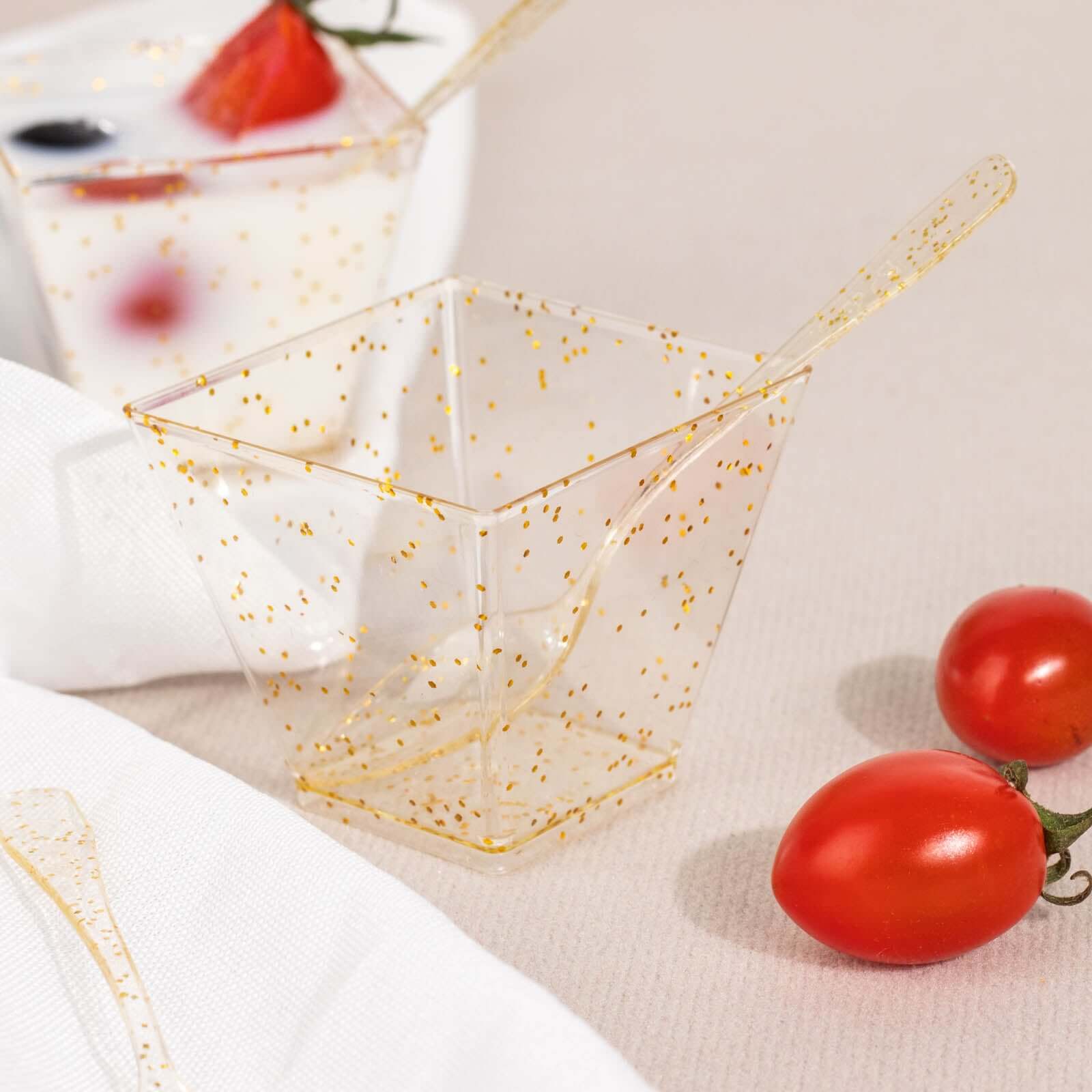 24 - Pack Plastic Square Dessert Cups Clear with Gold Glitters - Disposable Snack Serving Bowls and Spoon Set for Parties, Events & Banquets 2oz - Bell Racket Store