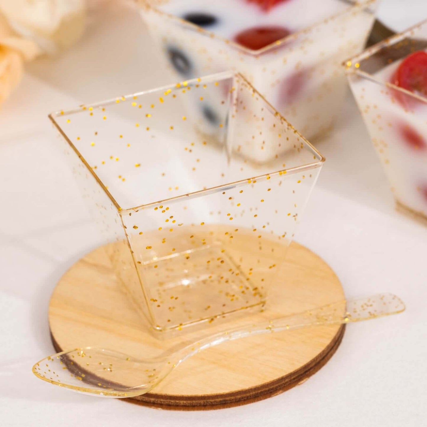 24 - Pack Plastic Square Dessert Cups Clear with Gold Glitters - Disposable Snack Serving Bowls and Spoon Set for Parties, Events & Banquets 2oz - Bell Racket Store