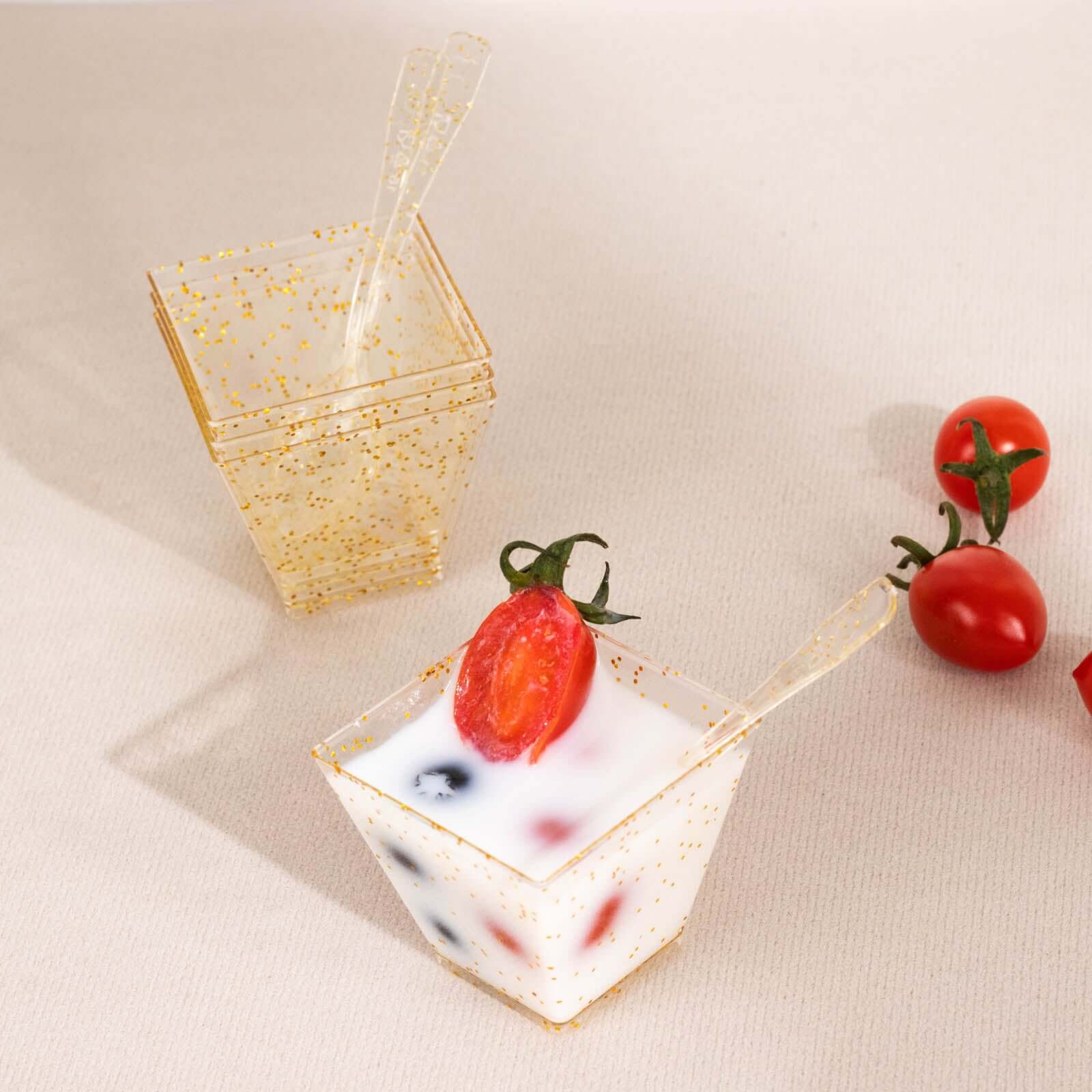 24 - Pack Plastic Square Dessert Cups Clear with Gold Glitters - Disposable Snack Serving Bowls and Spoon Set for Parties, Events & Banquets 2oz - Bell Racket Store