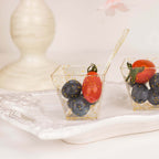 24 - Pack Plastic Square Dessert Cups Clear with Gold Glitters - Disposable Snack Serving Bowls and Spoon Set for Parties, Events & Banquets 2oz - Bell Racket Store