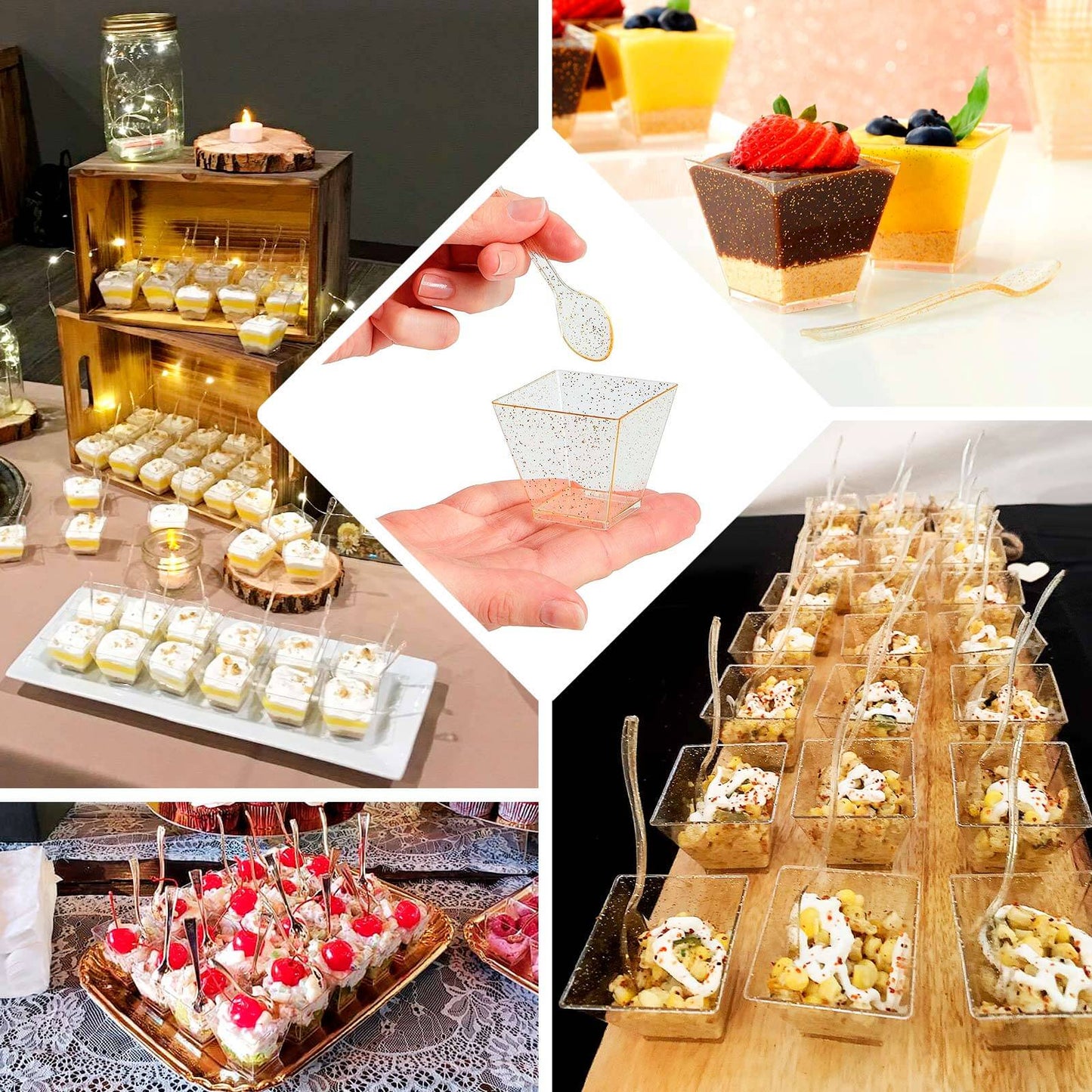 24 - Pack Plastic Square Dessert Cups Clear with Gold Glitters - Disposable Snack Serving Bowls and Spoon Set for Parties, Events & Banquets 2oz - Bell Racket Store