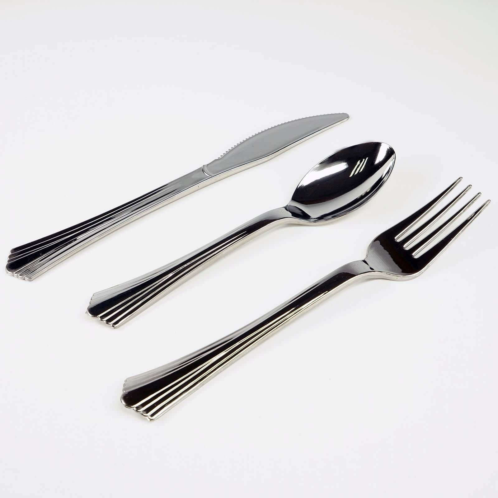 24 - Pack Plastic Utensil Set Silver Heavy Duty with Fluted Handles - Durable Disposable Silverware 6", 7" - NestOCart