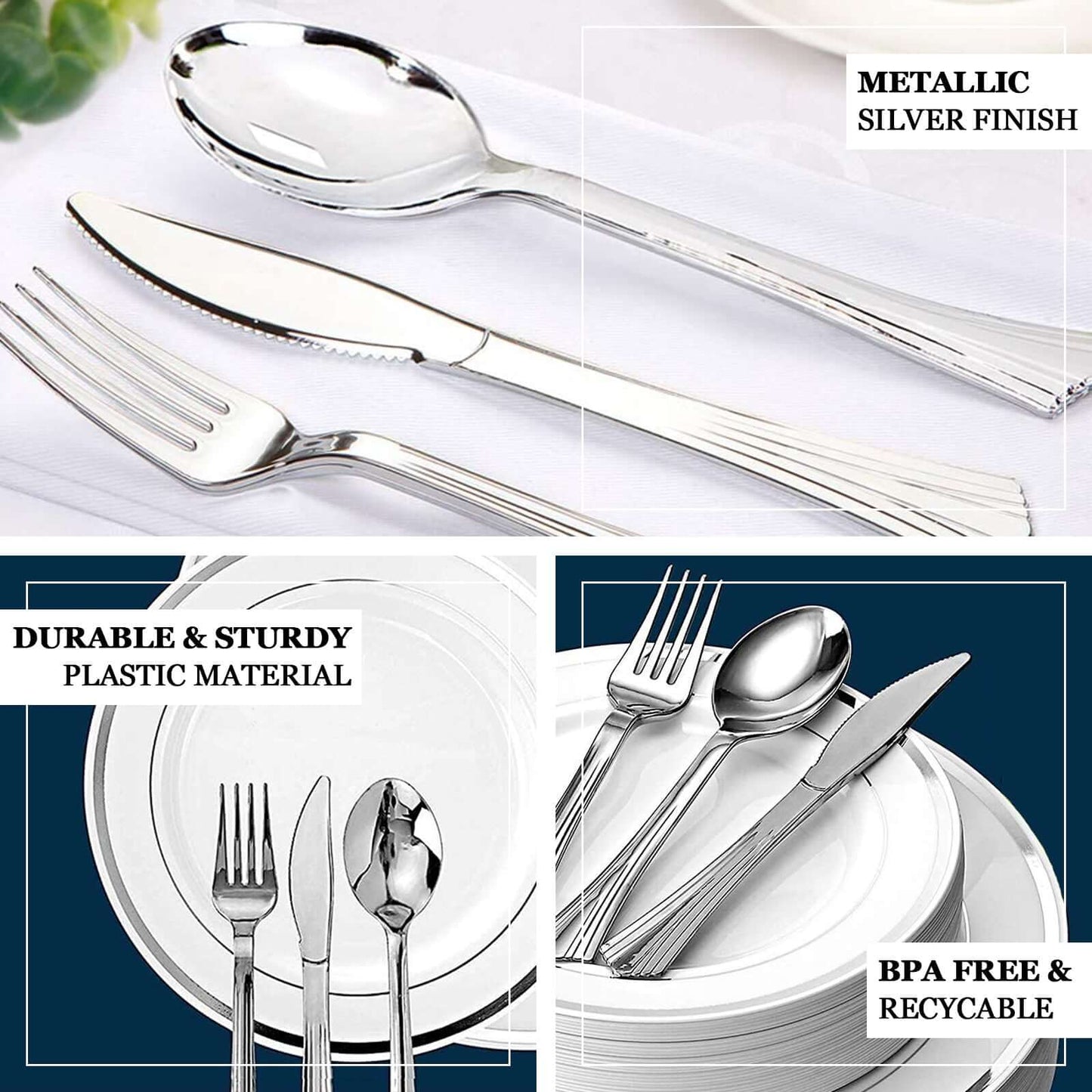 24 - Pack Plastic Utensil Set Silver Heavy Duty with Fluted Handles - Durable Disposable Silverware 6", 7" - NestOCart
