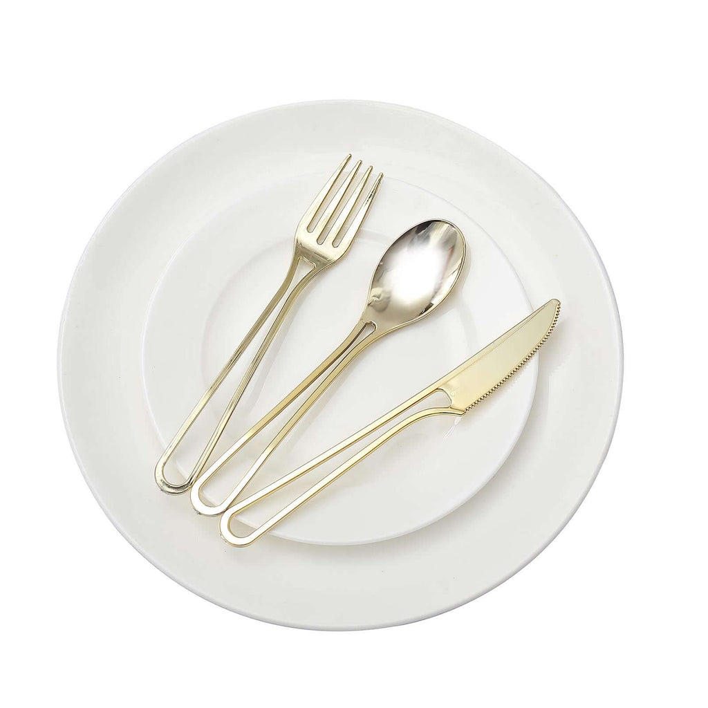 24 - Pack Plastic Utensil Set with Modern Hollow Handle Design Gold - Disposable Silverware 7" for Parties - Bell Racket Store