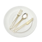 24 - Pack Plastic Utensil Set with Modern Hollow Handle Design Gold - Disposable Silverware 7" for Parties - Bell Racket Store