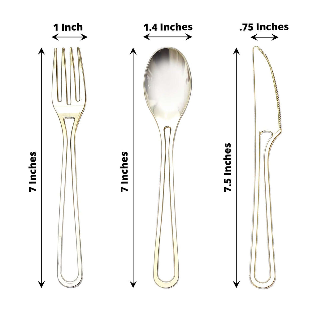 24 - Pack Plastic Utensil Set with Modern Hollow Handle Design Gold - Disposable Silverware 7" for Parties - Bell Racket Store