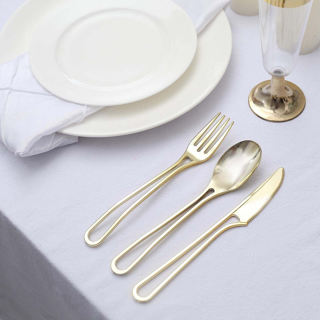 24 - Pack Plastic Utensil Set with Modern Hollow Handle Design Gold - Disposable Silverware 7" for Parties - Bell Racket Store