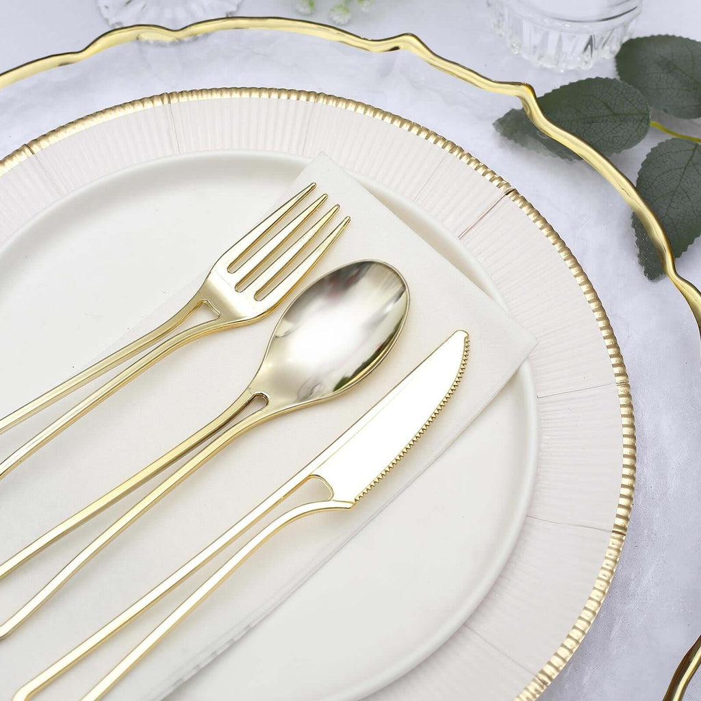 24 - Pack Plastic Utensil Set with Modern Hollow Handle Design Gold - Disposable Silverware 7" for Parties - Bell Racket Store