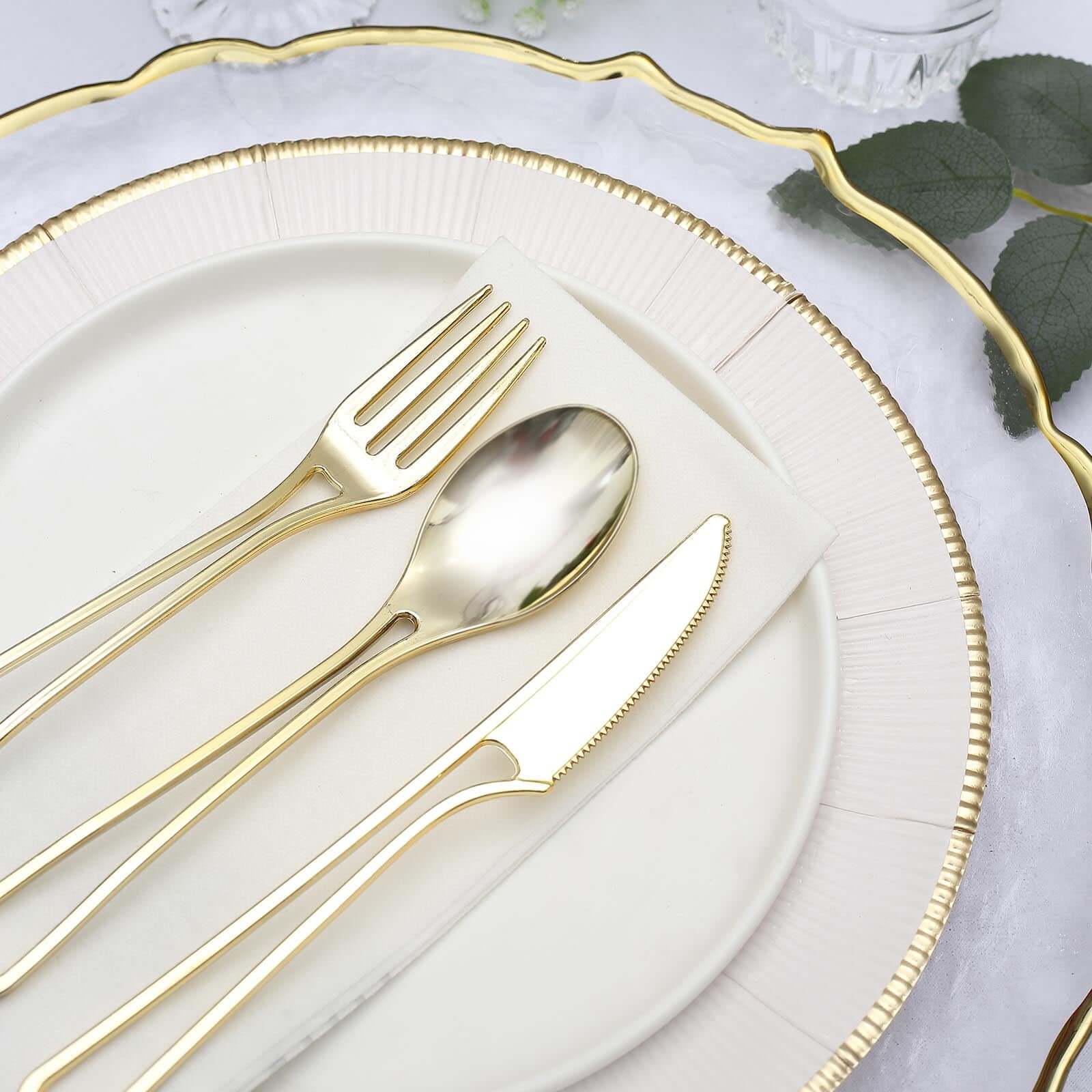 24 - Pack Plastic Utensil Set with Modern Hollow Handle Design Gold - Disposable Silverware 7" for Parties - Bell Racket Store