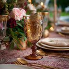 24 - Pack Plastic Wine Glasses 10oz â€“ Amber Gold Vintage Goblets with Retro Embossed Design, Elegant Drinkware - 7" Tall - Bell Racket Store