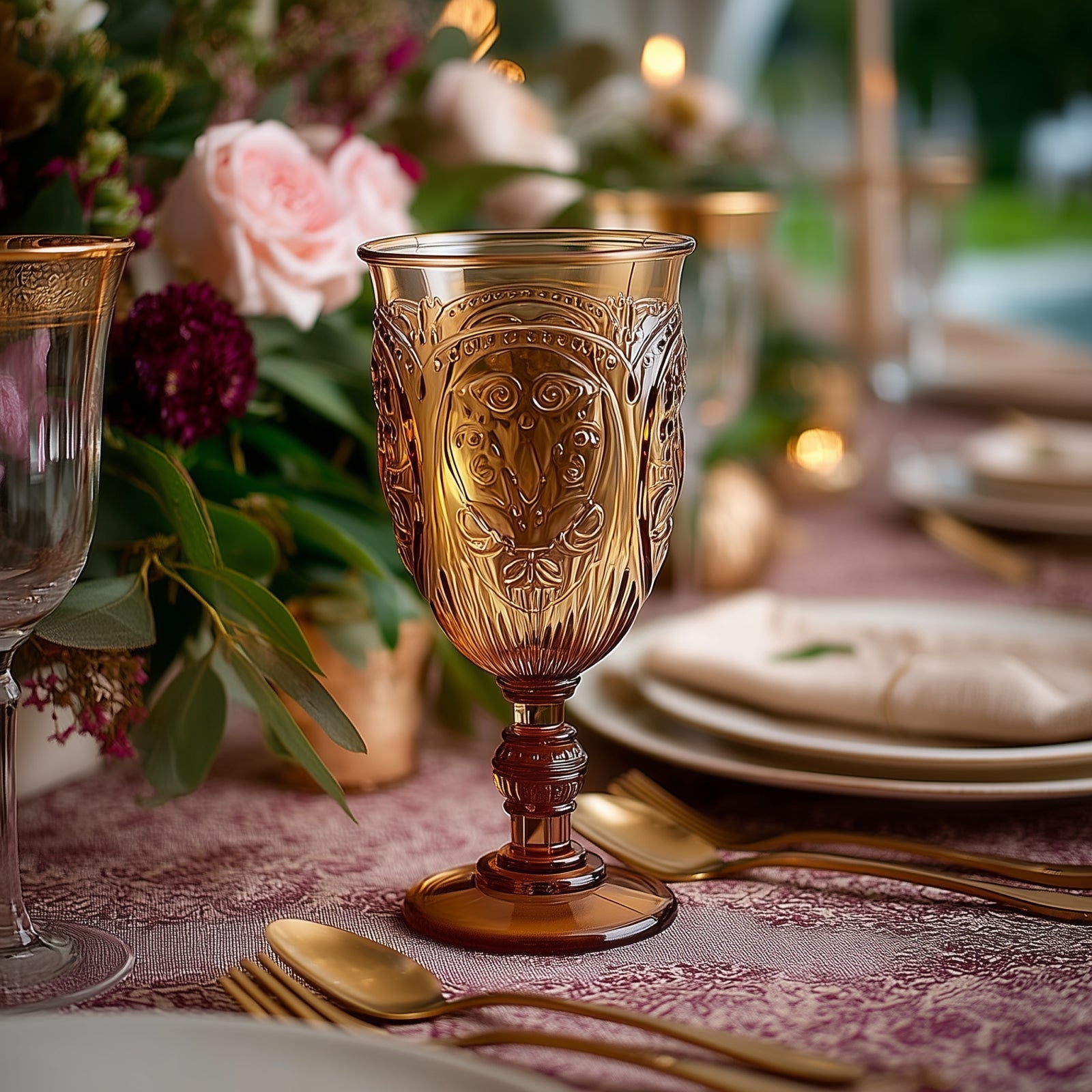 24 - Pack Plastic Wine Glasses 10oz â€“ Amber Gold Vintage Goblets with Retro Embossed Design, Elegant Drinkware - 7" Tall - Bell Racket Store