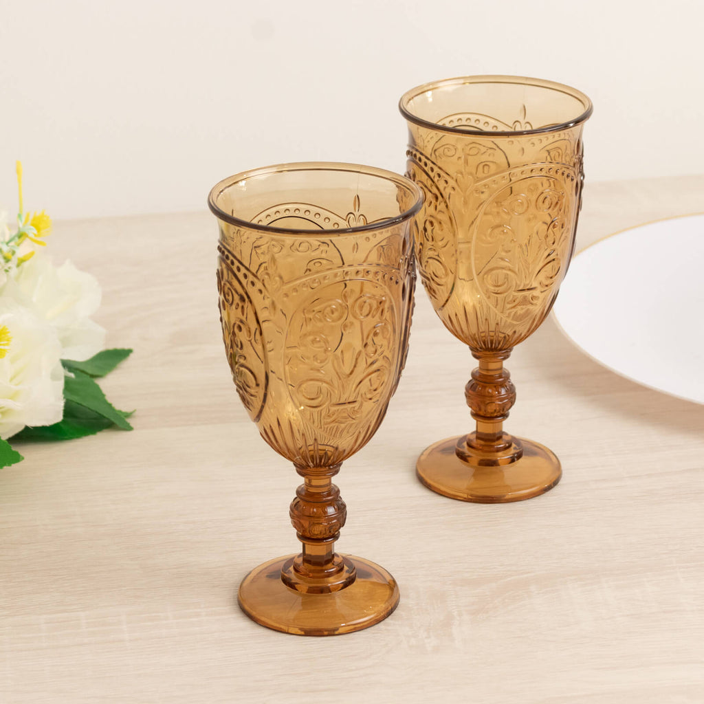 24 - Pack Plastic Wine Glasses 10oz â€“ Amber Gold Vintage Goblets with Retro Embossed Design, Elegant Drinkware - 7" Tall - Bell Racket Store
